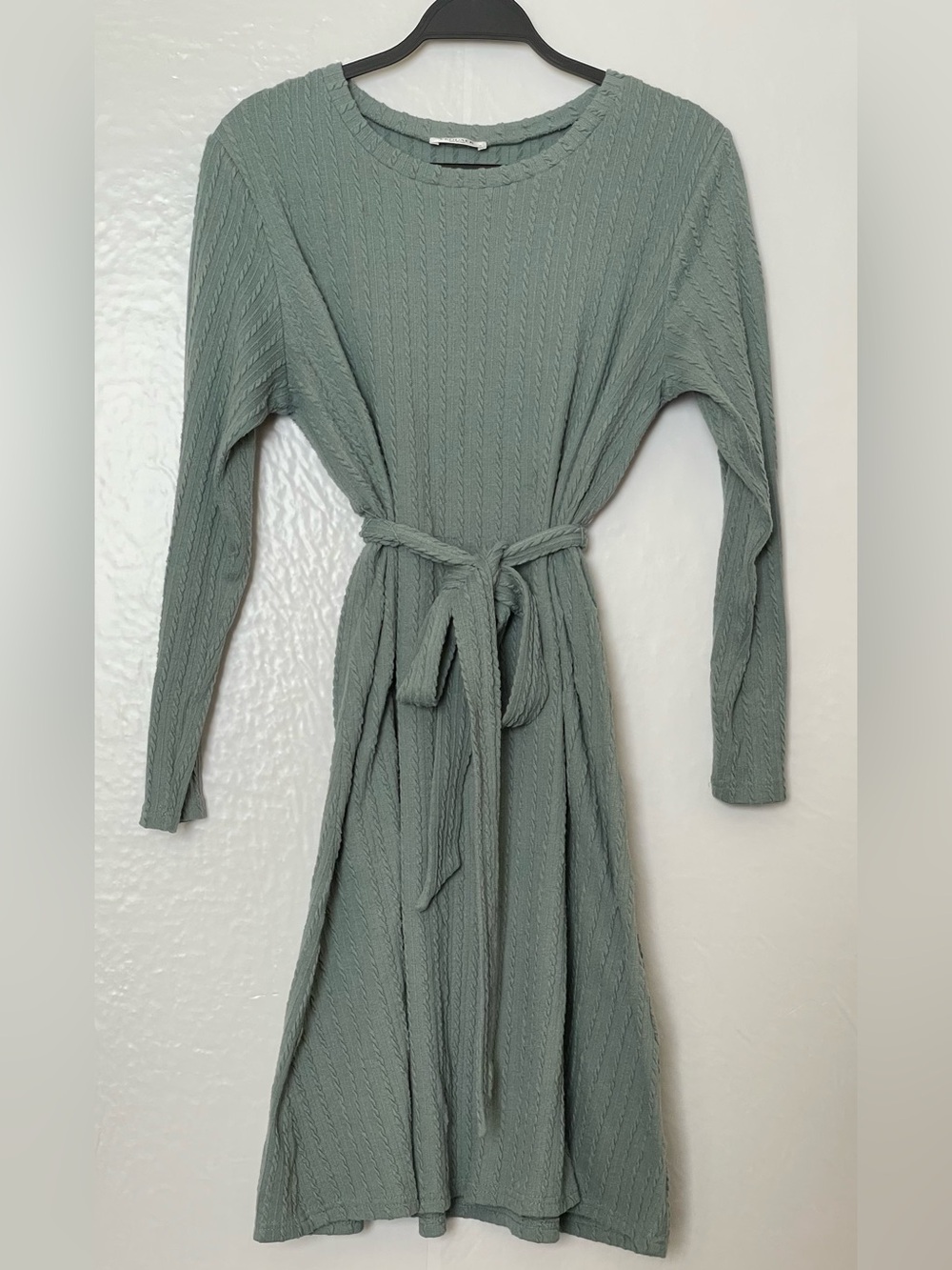 Cable Knit Midi Dress with Tie Waist in Sage Green